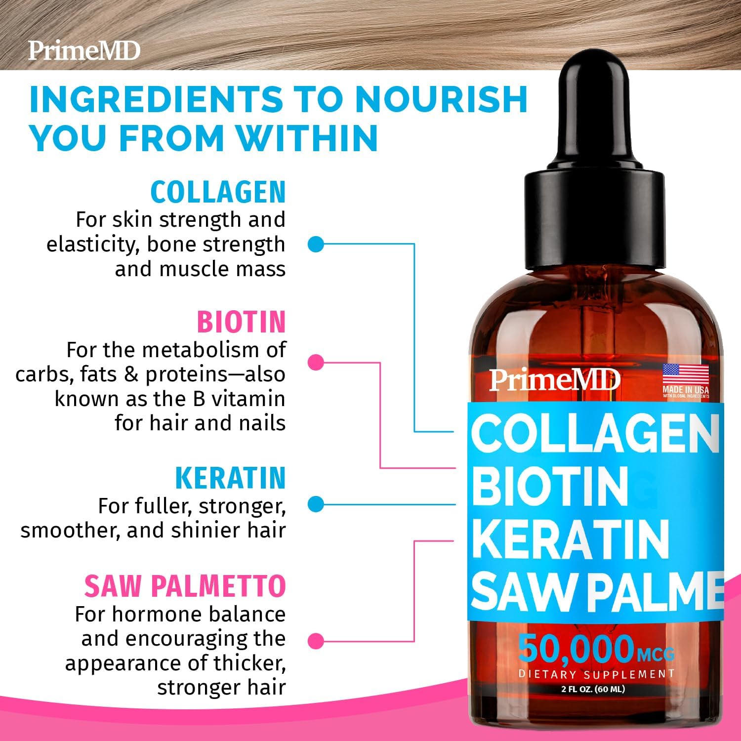 Bundle: PrimeMD Liquid Collagen Biotin (2pk) + Nitric Oxide (1pk) Supplements - Promotes Healthy Hair, Skin, Nails, Heart, Circulation - Non-GMO, Vegan, Gluten-Free