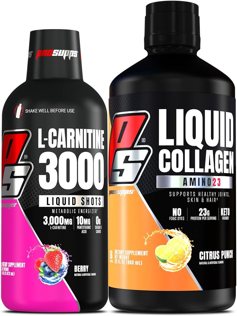 Bundle: PROSUPPS L-Carnitine 3000 Berry & Amino23 Citrus Punch Liquid Shots for Energy and Collagen Support