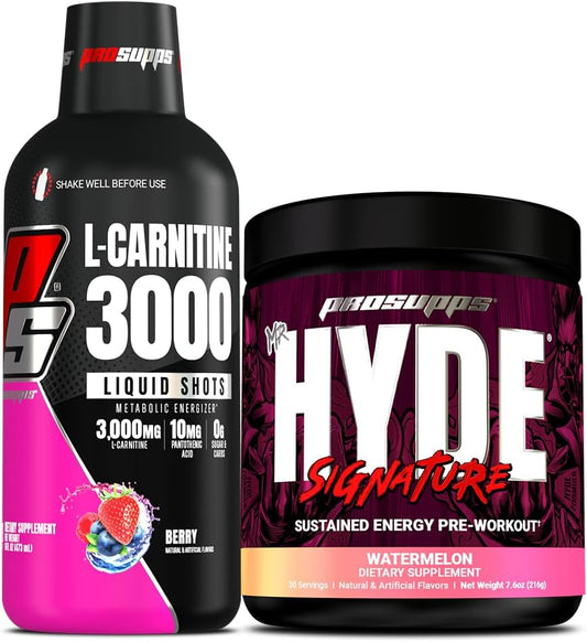 Bundle: PROSUPPS L-Carnitine 3000 Berry Liquid Shots + Mr. Hyde Signature Series Watermelon Pre-Workout Powder - 61 Servings