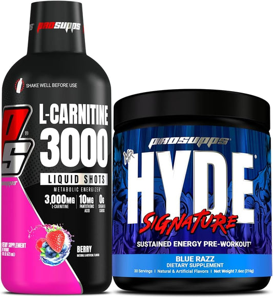 Bundle: PROSUPPS L-Carnitine 3000 Liquid Shots (31 Servings, Berry) + Mr. Hyde Signature Series Pre-Workout Powdered Drink (30 Servings, Blue Razz)
