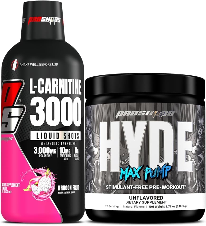 Bundle: PROSUPPS L-Carnitine 3000 Liquid Shots (31 Servings, Dragon Fruit) + Hyde Max Pump Pre Workout (20 Servings, Unflavored)
