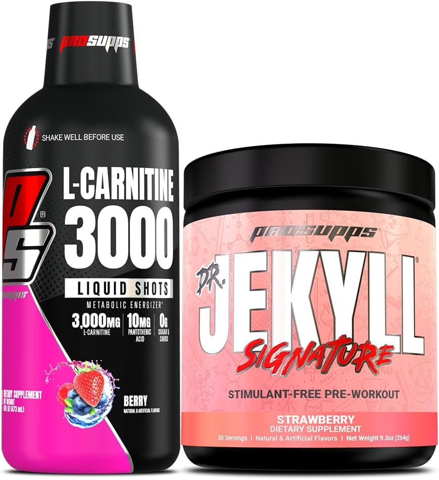Bundle: PROSUPPS L-Carnitine 3000 Liquid Shots (Berry) & Dr. Jekyll Pre-Workout Powder (Strawberry) for Energy & Focus