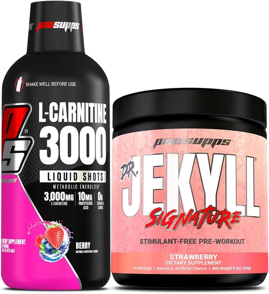 Bundle: PROSUPPS L-Carnitine 3000 Liquid Shots (Berry) & Dr. Jekyll Pre-Workout Powder (Strawberry) for Energy & Focus