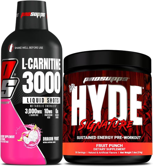 Bundle: PROSUPPS L-Carnitine 3000 Liquid Shots (Dragon Fruit) + Mr. Hyde Signature Pre-Workout Powdered Drink (Fruit Punch)