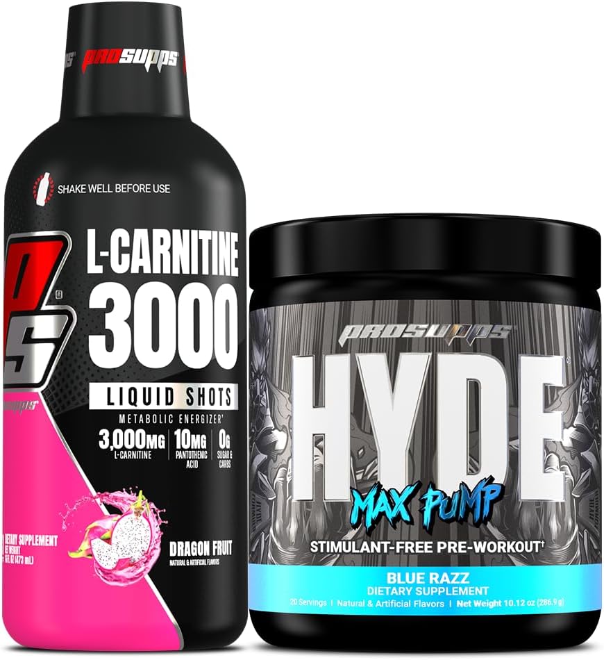 Bundle: PROSUPPS L-Carnitine 3000 Liquid Shots (Dragon Fruit) + Hyde Max Pump Pre Workout (Blue Razz) for Men and Women