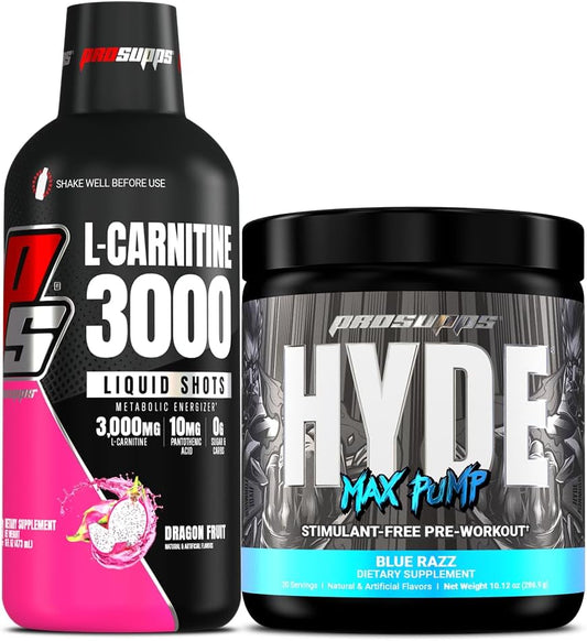 Bundle: PROSUPPS L-Carnitine 3000 Liquid Shots (Dragon Fruit) + Hyde Max Pump Pre Workout (Blue Razz) for Men and Women