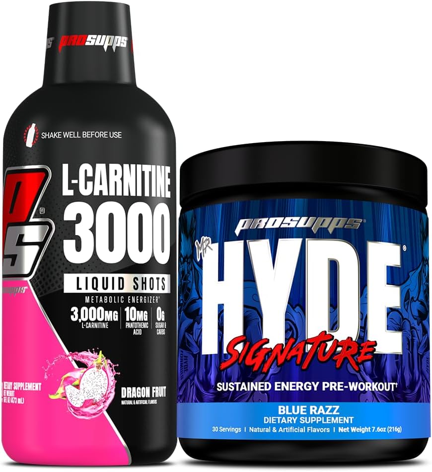 Bundle: PROSUPPS L-Carnitine 3000 Liquid Shots (Dragon Fruit) + Mr. Hyde Pre-Workout Energy Powder (Blue Razz)