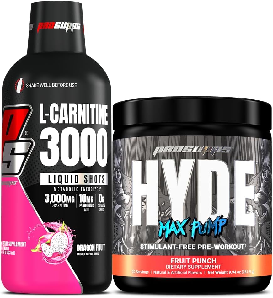 Bundle: PROSUPPS L-Carnitine 3000 Liquid Shots Dragon Fruit + Hyde Max Pump Pre Workout Fruit Punch