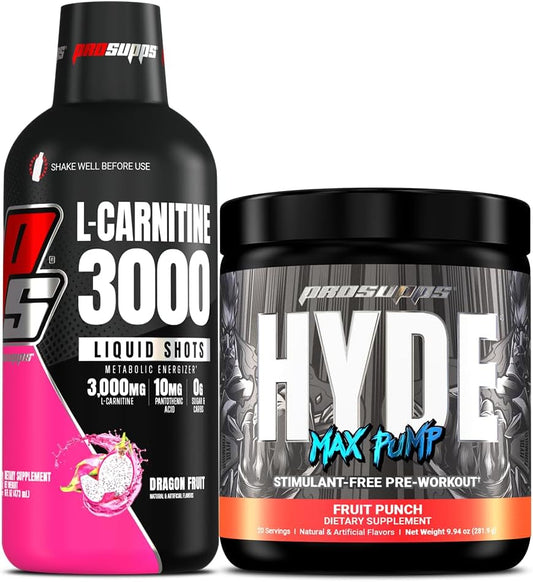 Bundle: PROSUPPS L-Carnitine 3000 Liquid Shots Dragon Fruit + Hyde Max Pump Pre Workout Fruit Punch