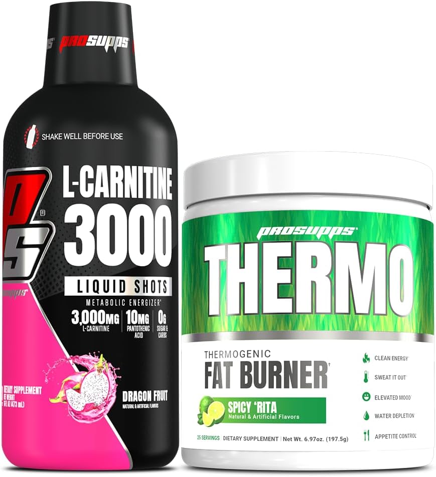 Bundle: PROSUPPS L-Carnitine 3000 Liquid Shots (Dragon Fruit) + Thermo Fat Burning Powder (Spicy 'Rita)
