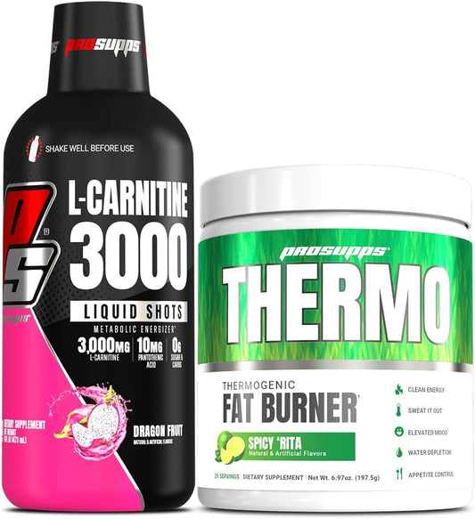 Bundle: PROSUPPS L-Carnitine 3000 Liquid Shots (Dragon Fruit) + Thermo Fat Burning Powder (Spicy 'Rita)