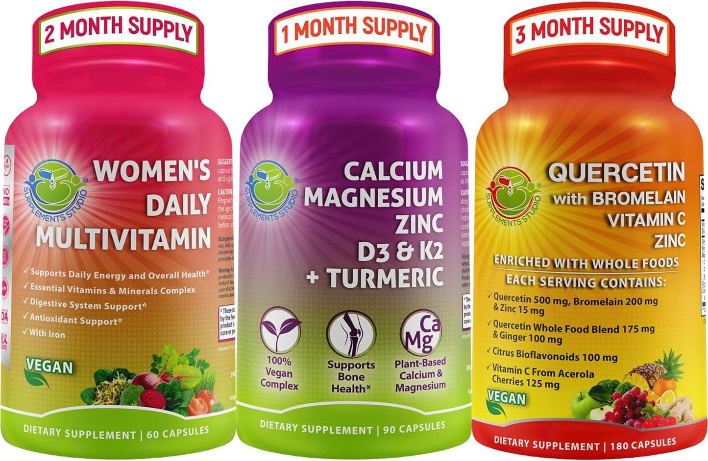Bundle: Quercetin with Bromelain, Vitamin C, Zinc & Women's Daily Multivitamin for Optimal Health & Plant-Based Calcium