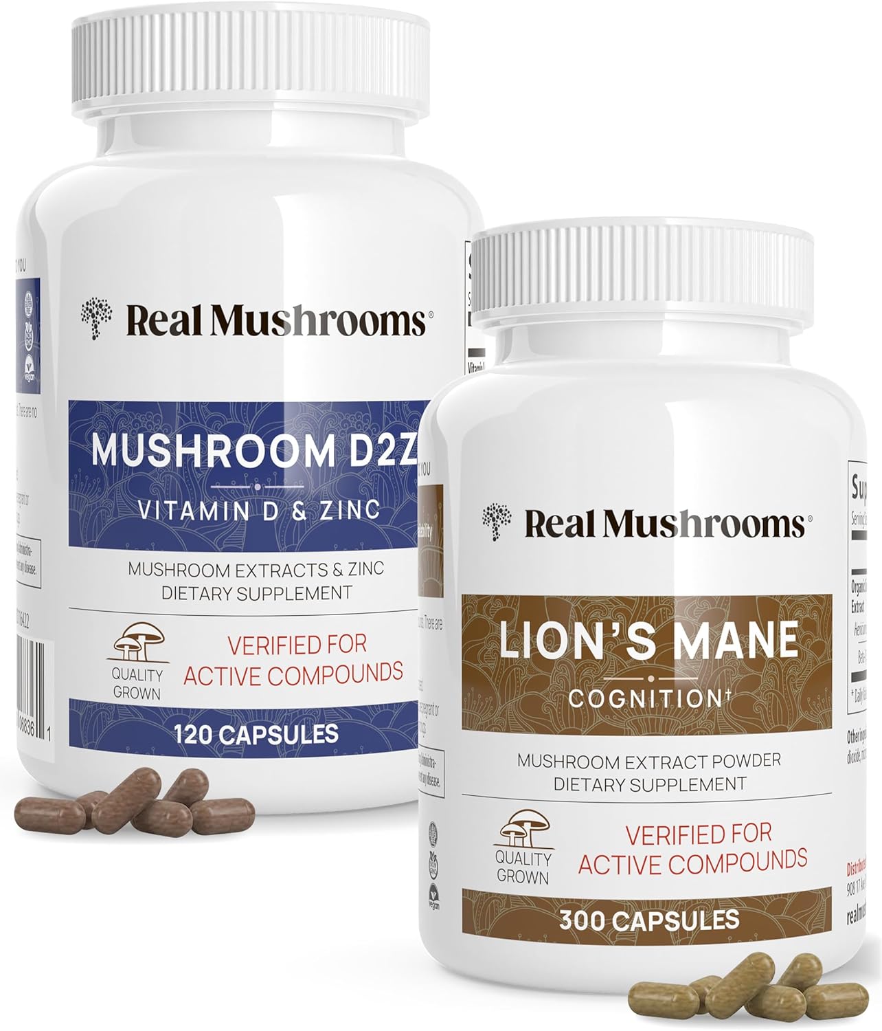 Bundle: Real Mushrooms Vitamin D2, Chaga, Reishi (120ct) & Lion's Mane (300ct) - Immunity & Cognitive Support with Chelated Zinc - Vegan, Gluten Free, Non-GMO
