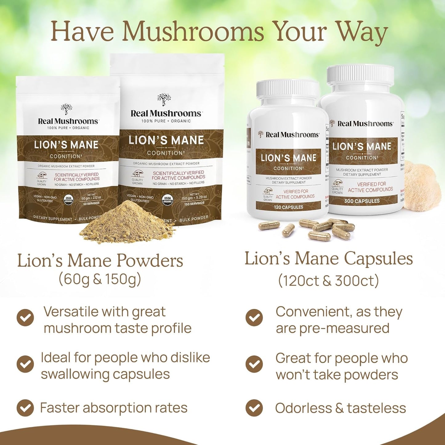 Bundle: Real Mushrooms Vitamin D2, Chaga, Reishi (120ct) & Lion's Mane (300ct) - Immunity & Cognitive Support with Chelated Zinc - Vegan, Gluten Free, Non-GMO