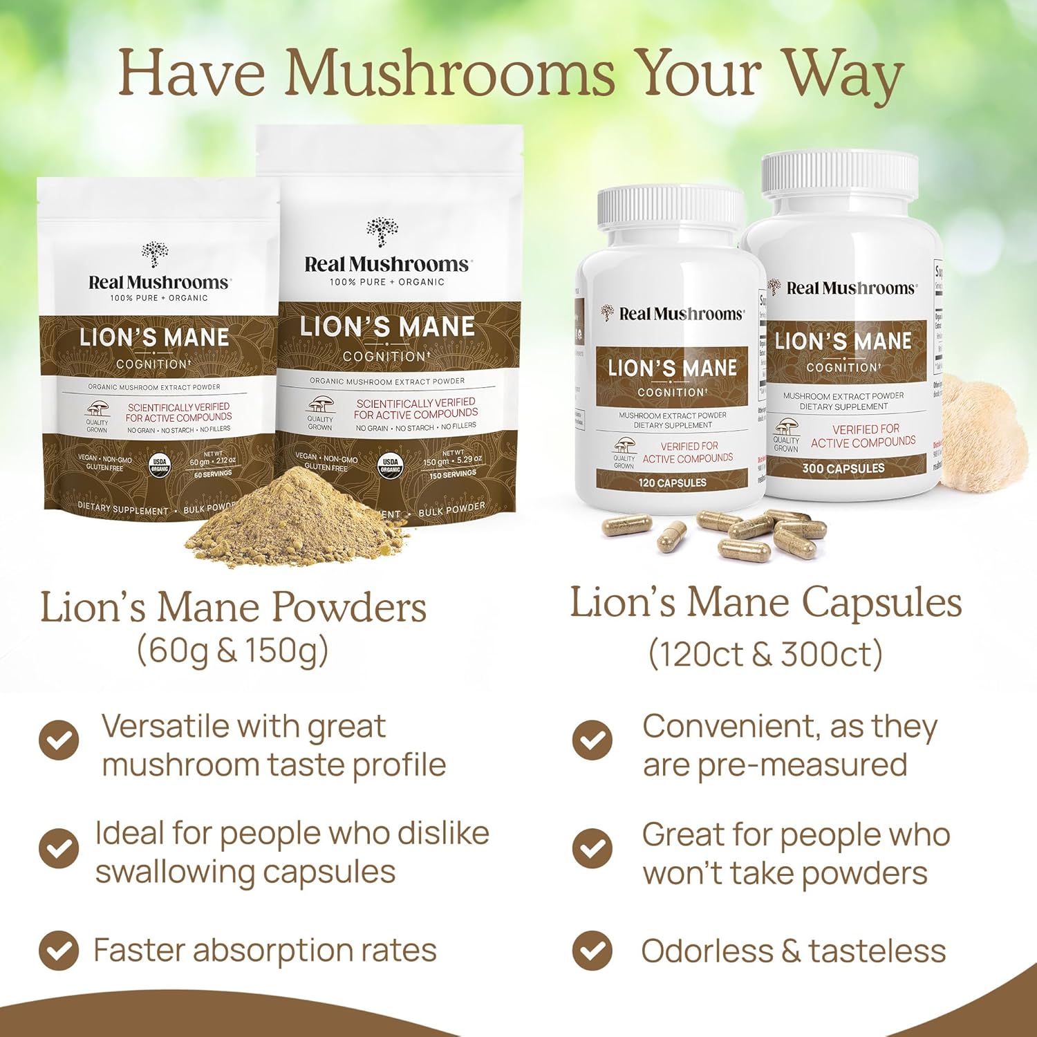 Bundle: Real Mushrooms Vitamin D2, Chaga, Reishi (120ct) & Lion's Mane (300ct) - Immunity & Cognitive Support with Chelated Zinc - Vegan, Gluten Free, Non-GMO