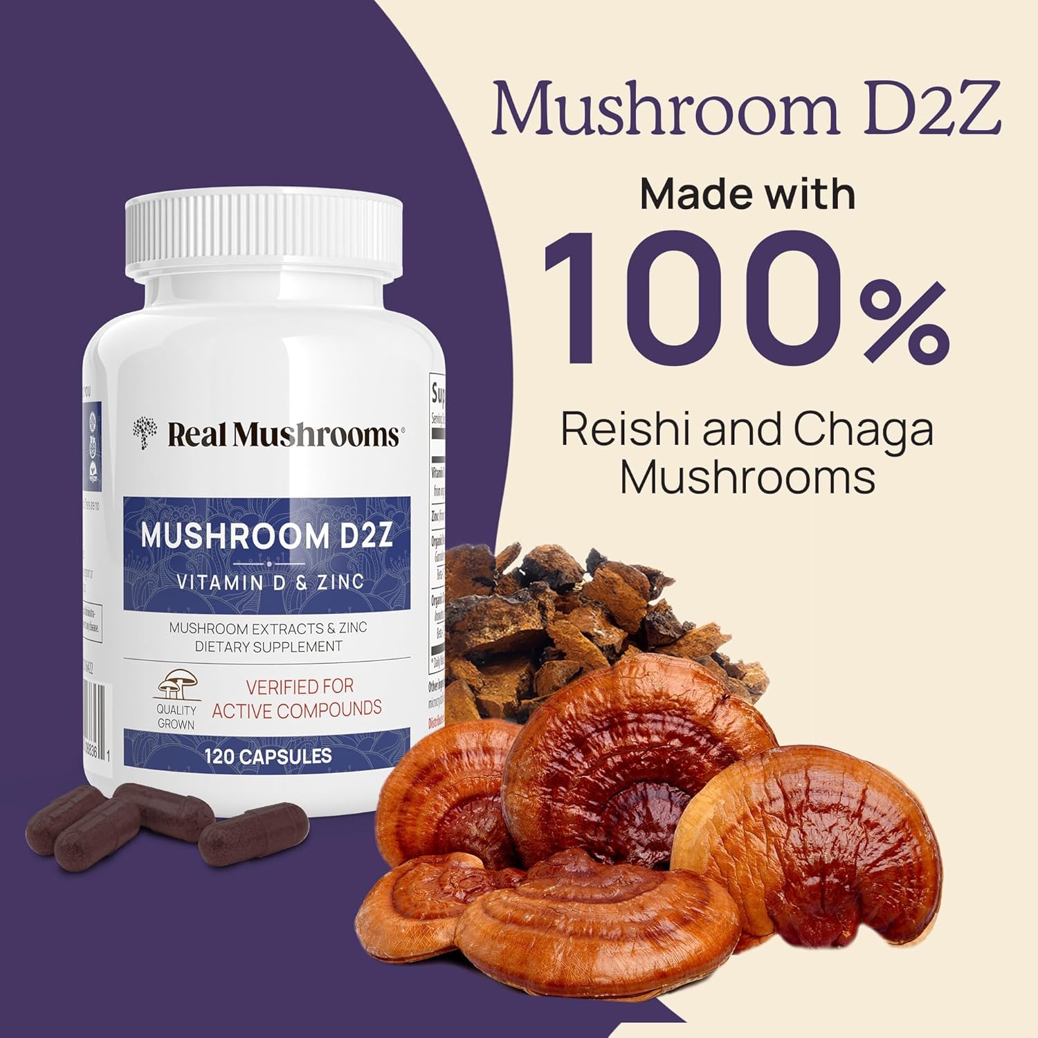 Bundle: Real Mushrooms Vitamin D2, Chaga, Reishi (120ct) & Lion's Mane (300ct) - Immunity & Cognitive Support with Chelated Zinc - Vegan, Gluten Free, Non-GMO