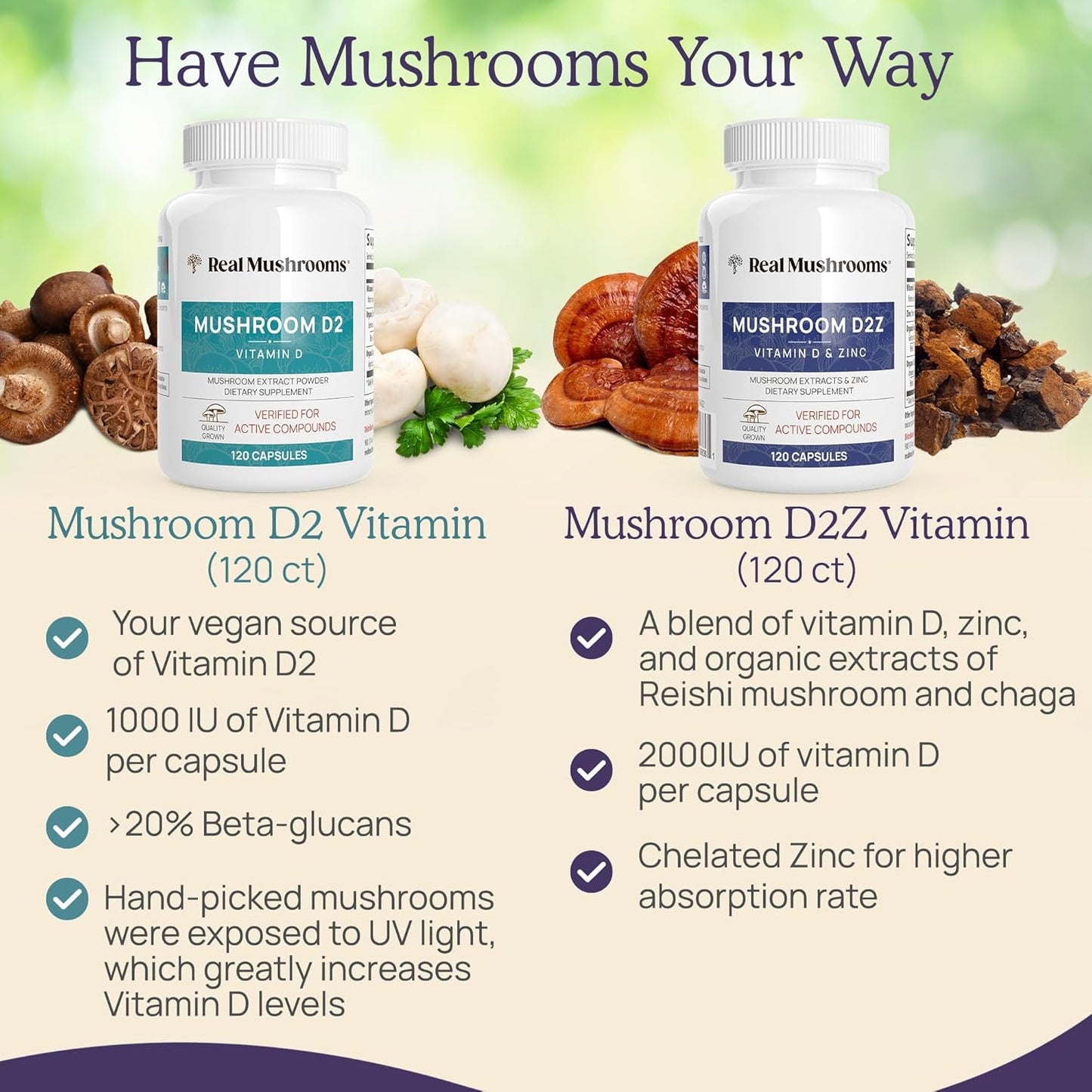 Bundle: Real Mushrooms Vitamin D2, Chaga, Reishi (120ct) & Lion's Mane (300ct) - Immunity & Cognitive Support with Chelated Zinc - Vegan, Gluten Free, Non-GMO