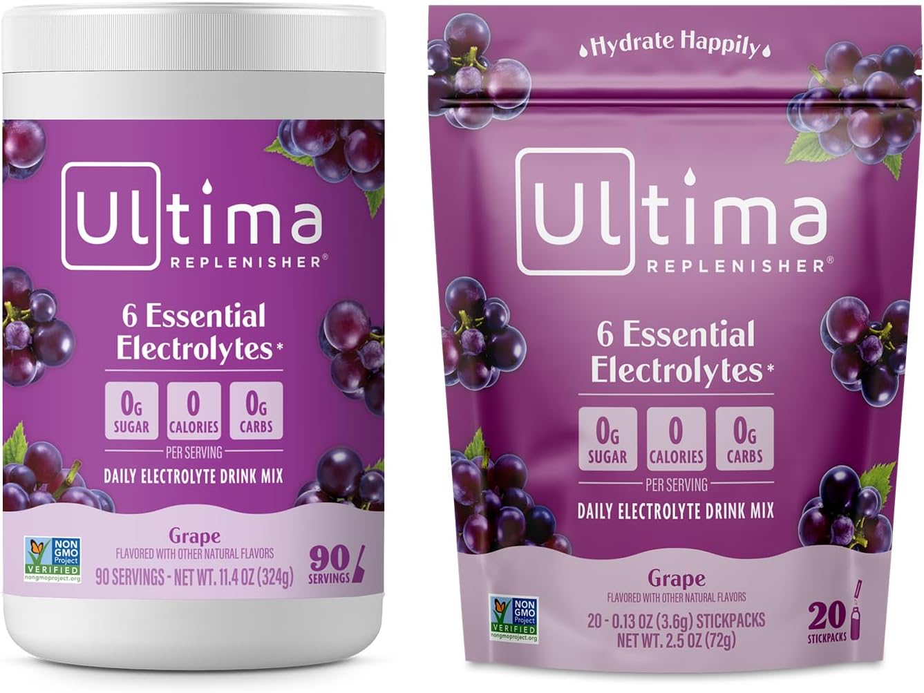 Bundle: Ultima Replenisher Grape Electrolyte Powder Drink Mix - 90 Servings Canister + 20 Stickpacks - 6 Electrolytes & Minerals - Keto, Vegan, Non-GMO, Sugar-Free