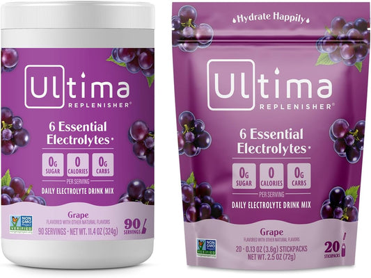 Bundle: Ultima Replenisher Grape Electrolyte Powder Drink Mix - 90 Servings Canister + 20 Stickpacks - 6 Electrolytes & Minerals - Keto, Vegan, Non-GMO, Sugar-Free