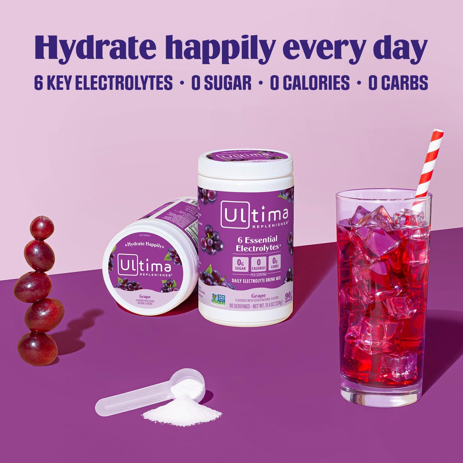 Bundle: Ultima Replenisher Grape Electrolyte Powder Drink Mix - 90 Servings Canister + 20 Stickpacks - 6 Electrolytes & Minerals - Keto, Vegan, Non-GMO, Sugar-Free