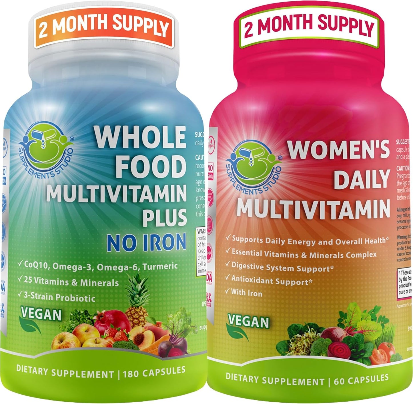 Bundle: Vegan Whole Food Daily Multivitamin Without Iron + Women's Daily Multivitamin with Iron for Optimal Health