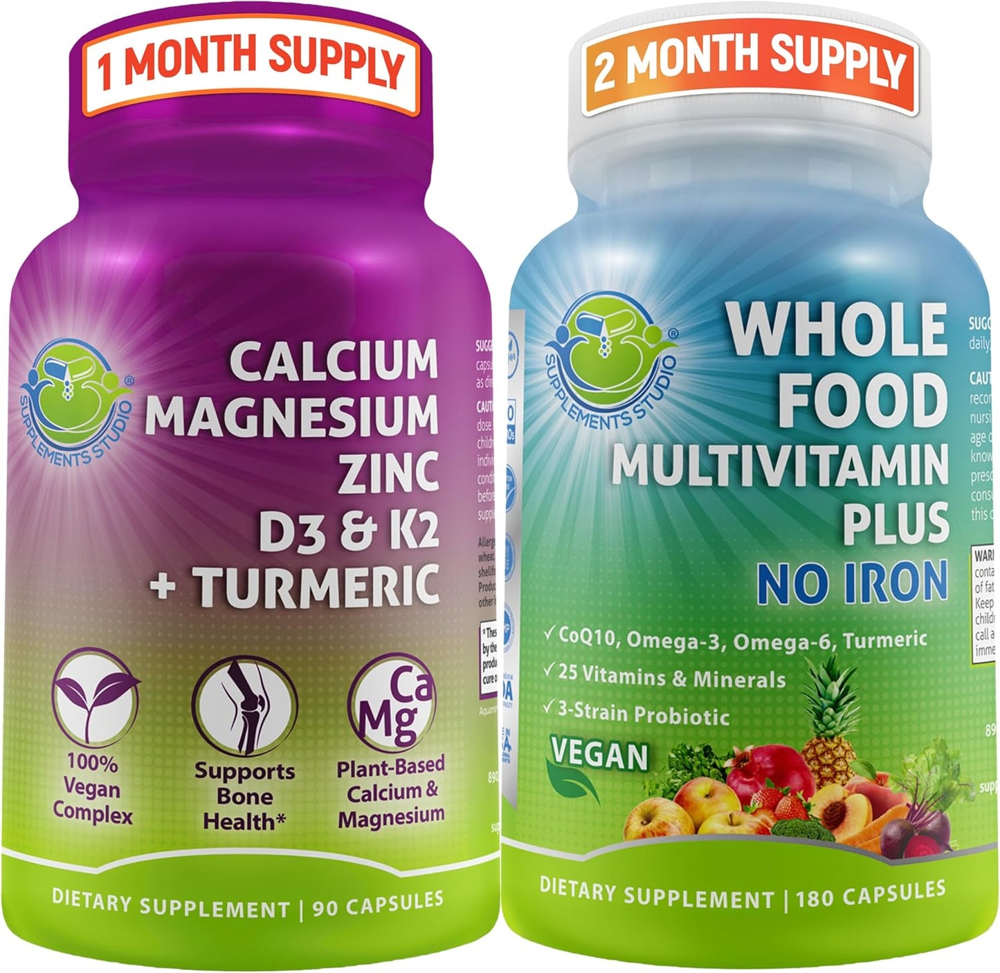 Bundle: Vegan Whole Food Multivitamin & Plant-Based Calcium - Iron-Free Daily Supplements