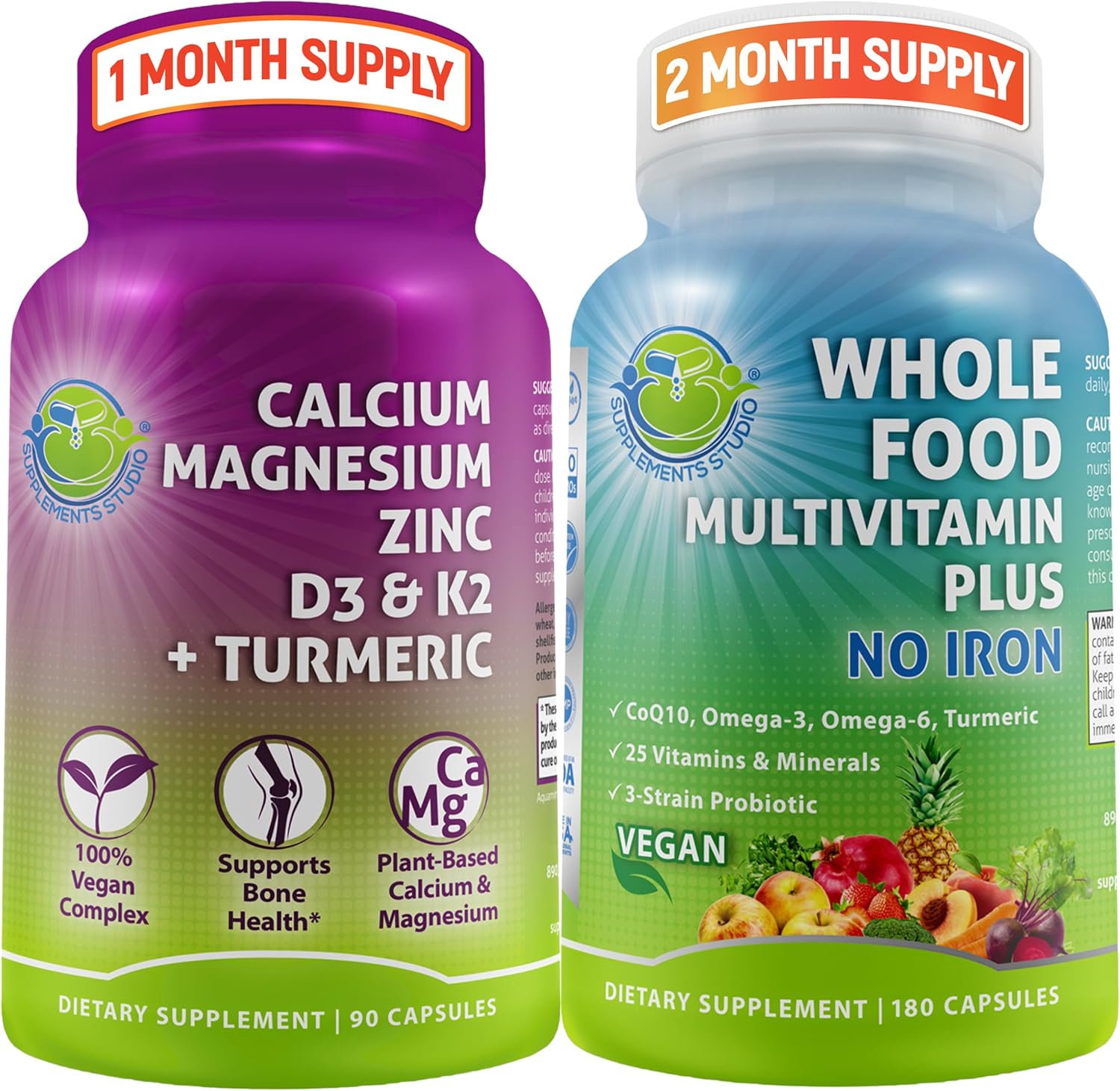 Bundle: Vegan Whole Food Multivitamin & Plant-Based Calcium - Iron-Free Daily Supplements