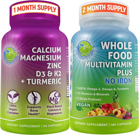 Bundle: Vegan Whole Food Multivitamin & Plant-Based Calcium - Iron-Free Daily Supplements