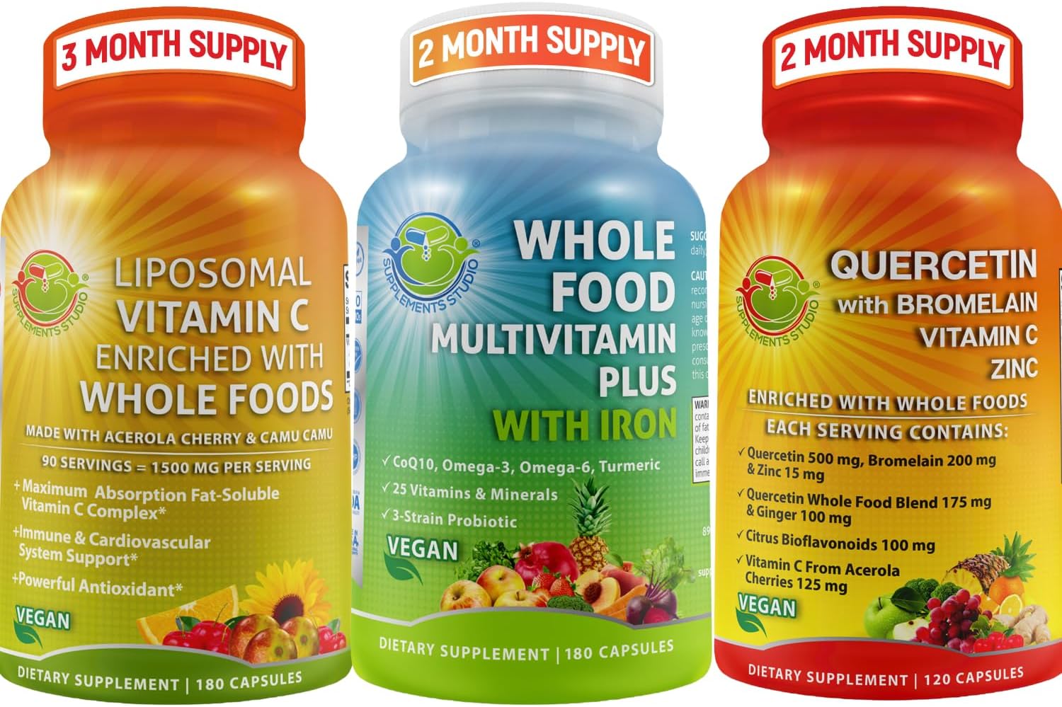 Bundle: Vegan Whole Food Multivitamin with Iron, Liposomal Vitamin C, Quercetin with Bromelain, Vitamin C, Zinc & Organic Blend