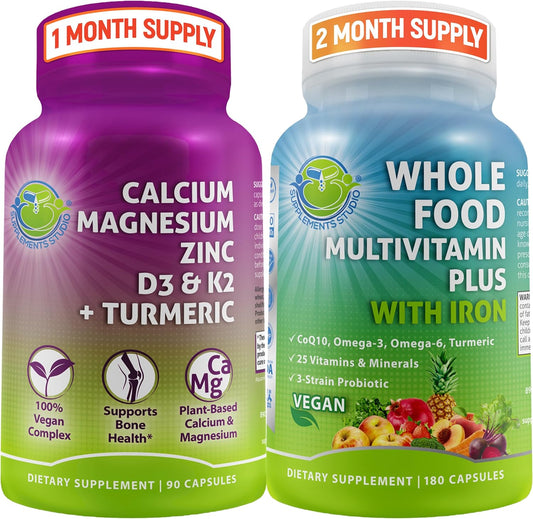 Bundle: Vegan Whole Food Multivitamin with Iron + Plant-Based Calcium 500mg (Aquamin)