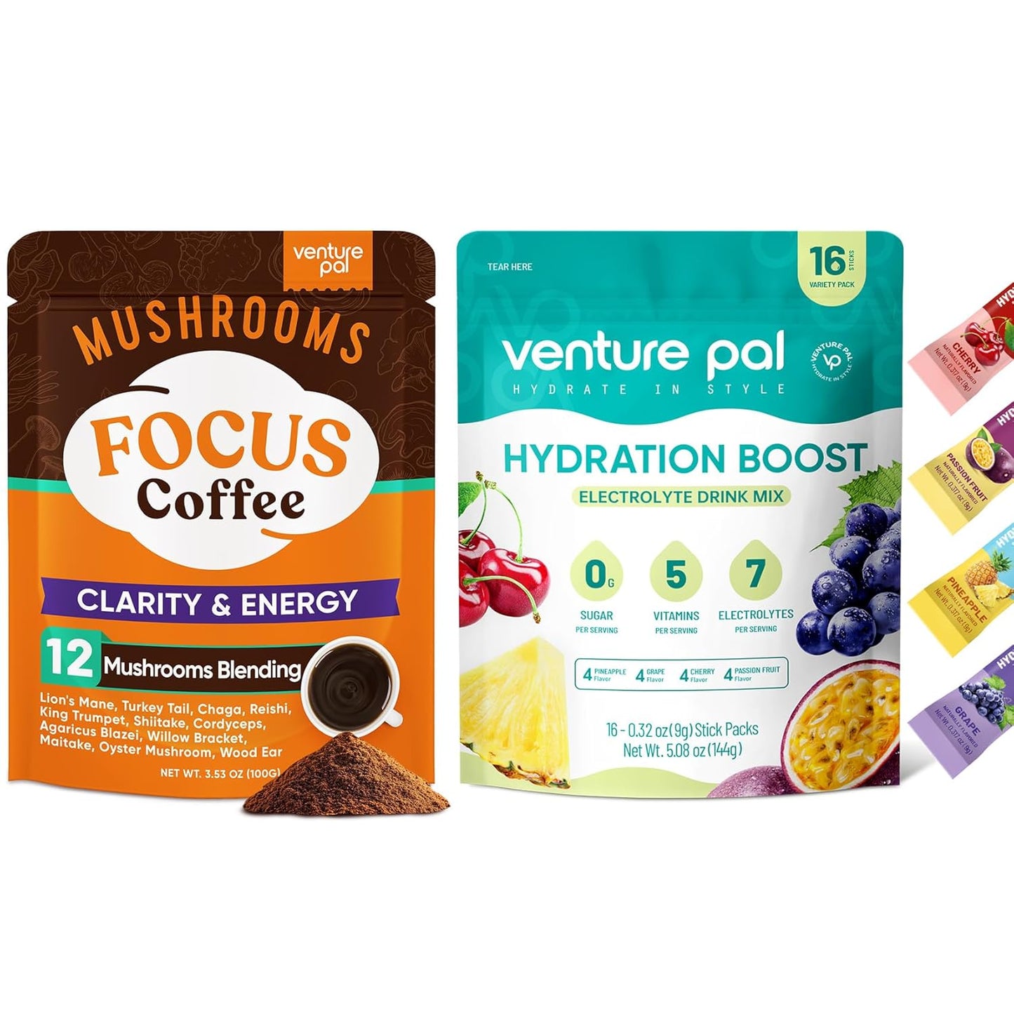 Bundle: Venture Pal Mushroom Coffee & Electrolyte Powder - 12 in 1 with Ashwagandha, Sugar-Free Packets for Focus, Immunity, Hydration, Recovery - 40 Servings