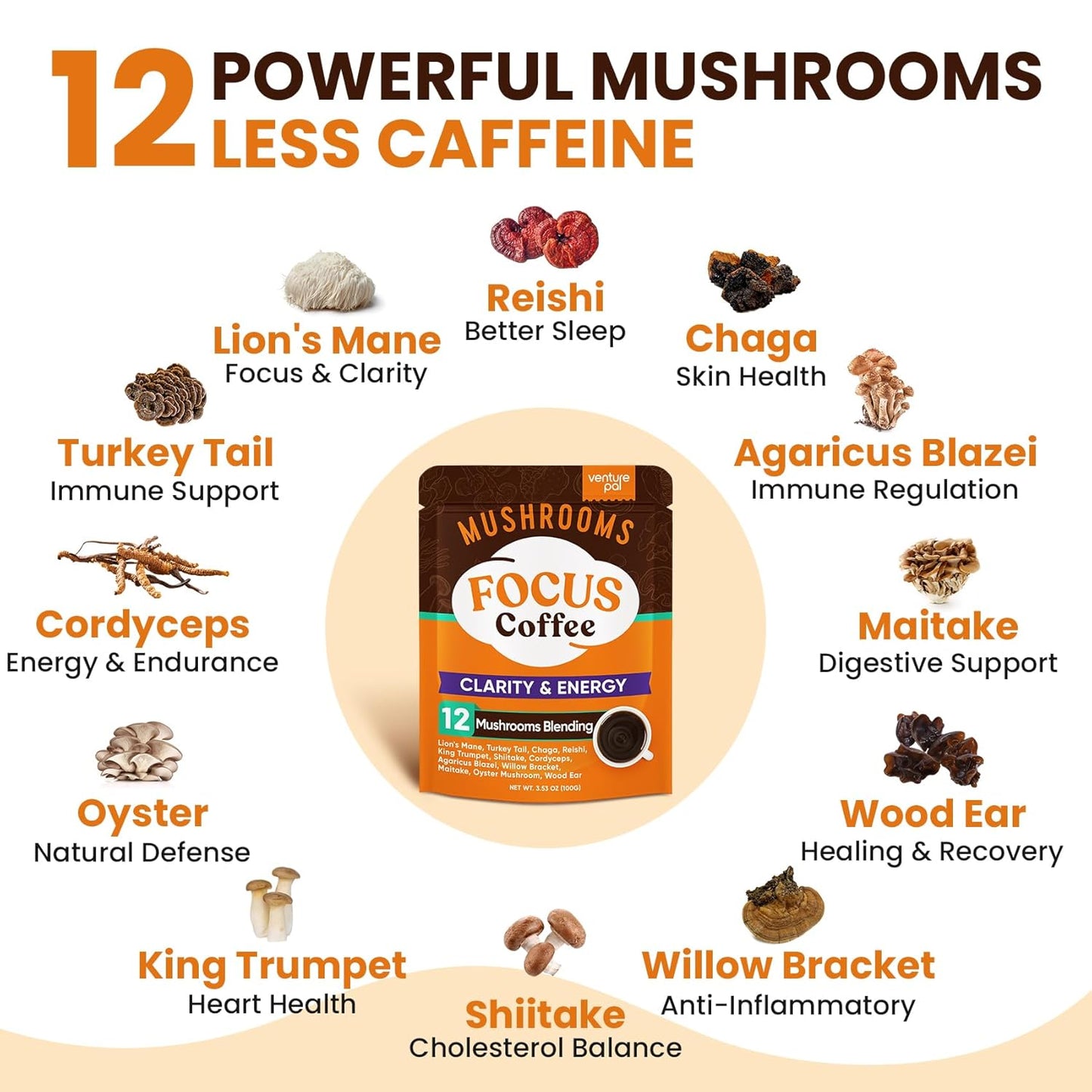 Bundle: Venture Pal Mushroom Coffee & Electrolyte Powder - 12 in 1 with Ashwagandha, Sugar-Free Packets for Focus, Immunity, Hydration, Recovery - 40 Servings