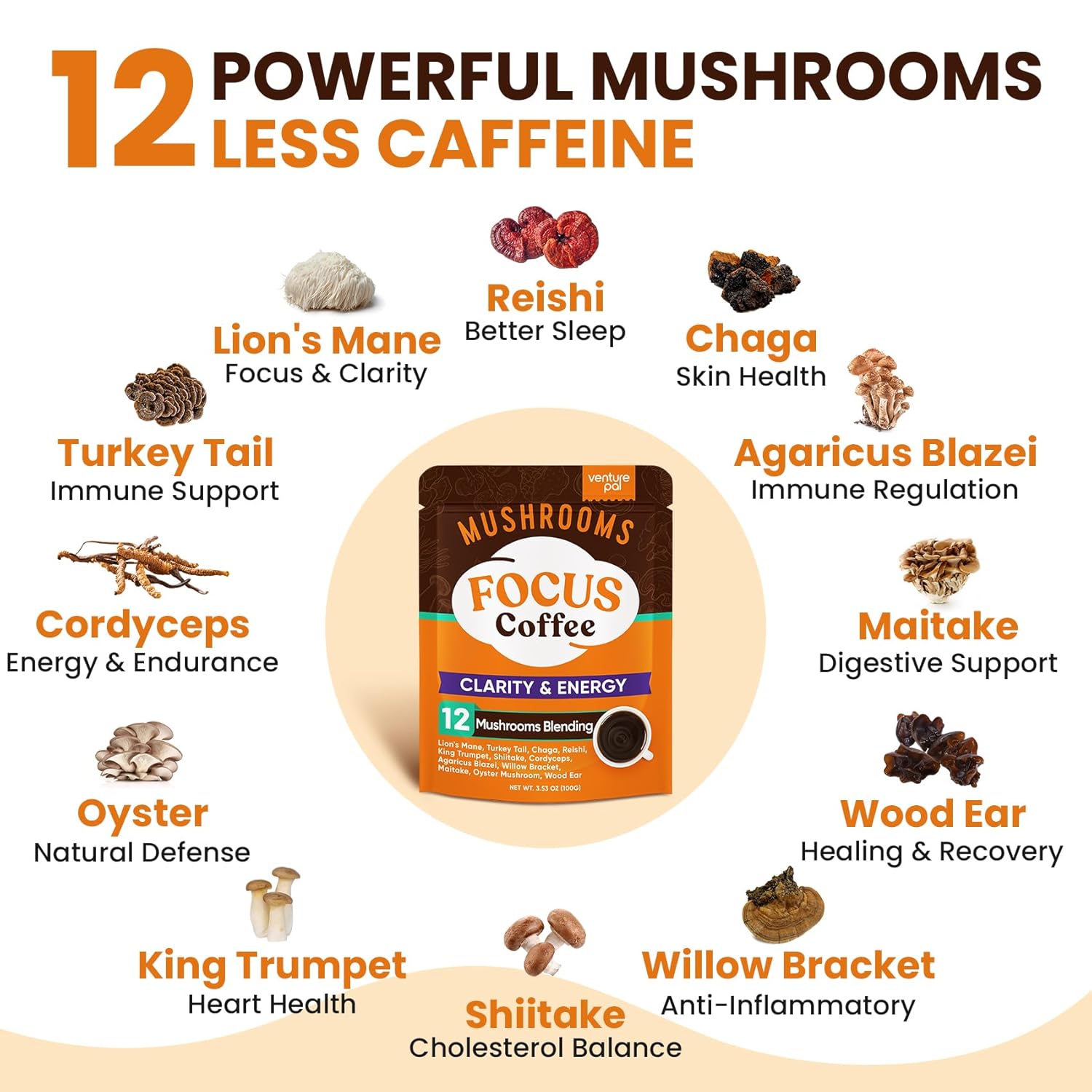 Bundle: Venture Pal Mushroom Coffee & Electrolyte Powder - 12 in 1 with Ashwagandha, Sugar-Free Packets for Focus, Immunity, Hydration, Recovery - 40 Servings