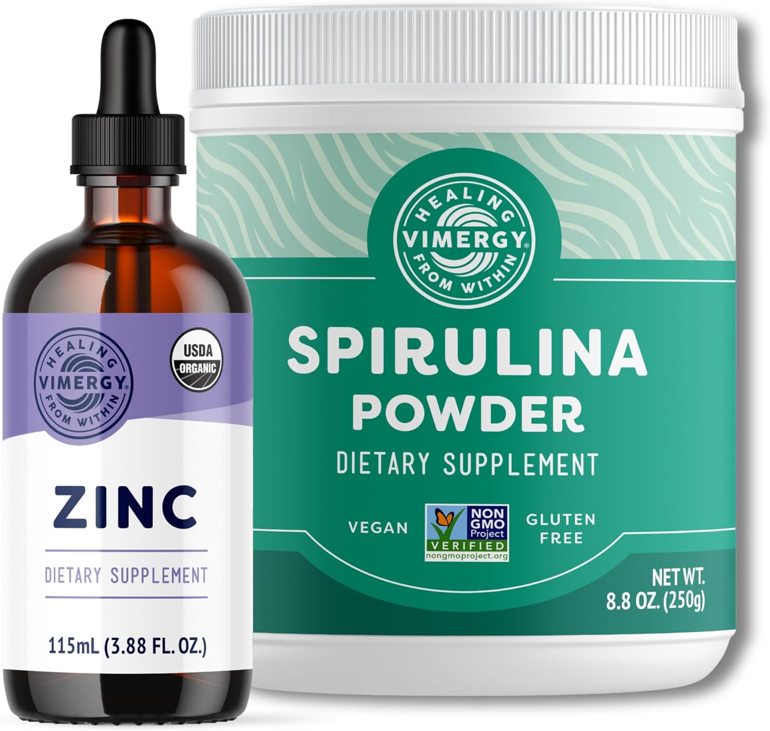 Bundle: Vimergy USDA Organic Zinc and Spirulina Juice Powder - 57 Servings of Zinc, 83 Servings of Spirulina