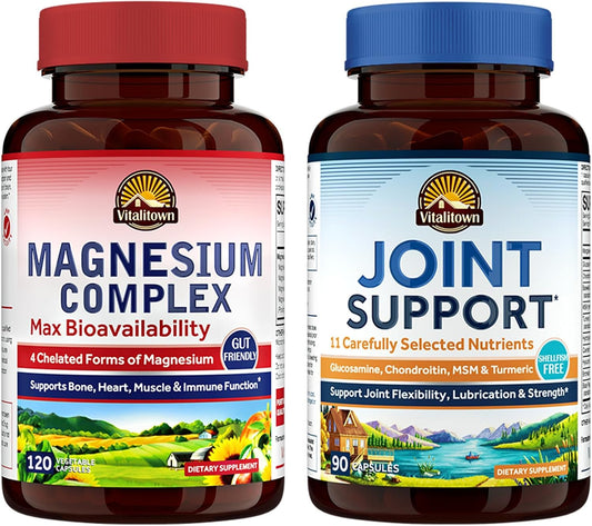 Bundle: Vitalitown Magnesium Complex & Joint Support - Pack of 2 | 120 Magnesium Capsules + 90 Joint Capsules