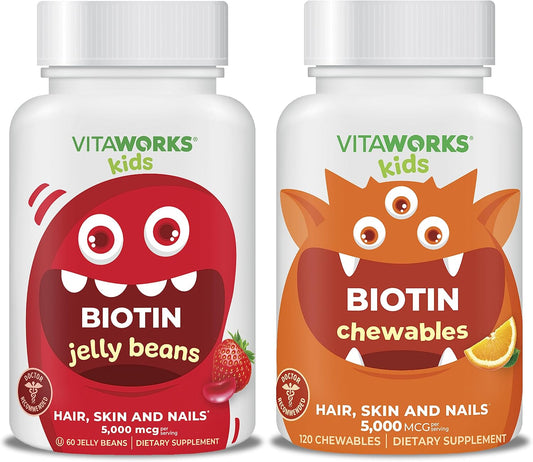 Bundle: VitaWorks Kids Biotin 5000mg Jelly Beans & Chewables - 5000mcg, Natural Flavor, Hair & Nail Support