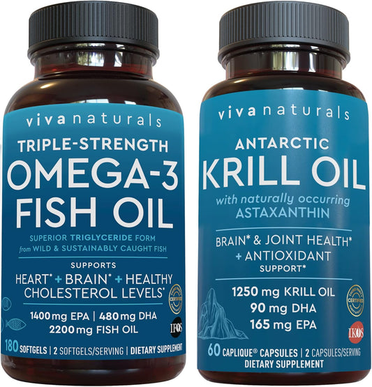 Bundle: Viva Naturals Antarctic Krill Oil & Triple-Strength Omega 3 Fish Oil - 1250 mg Krill Oil & 2200 mg Fish Oil Per Serving - EPA and DHA Omega 3