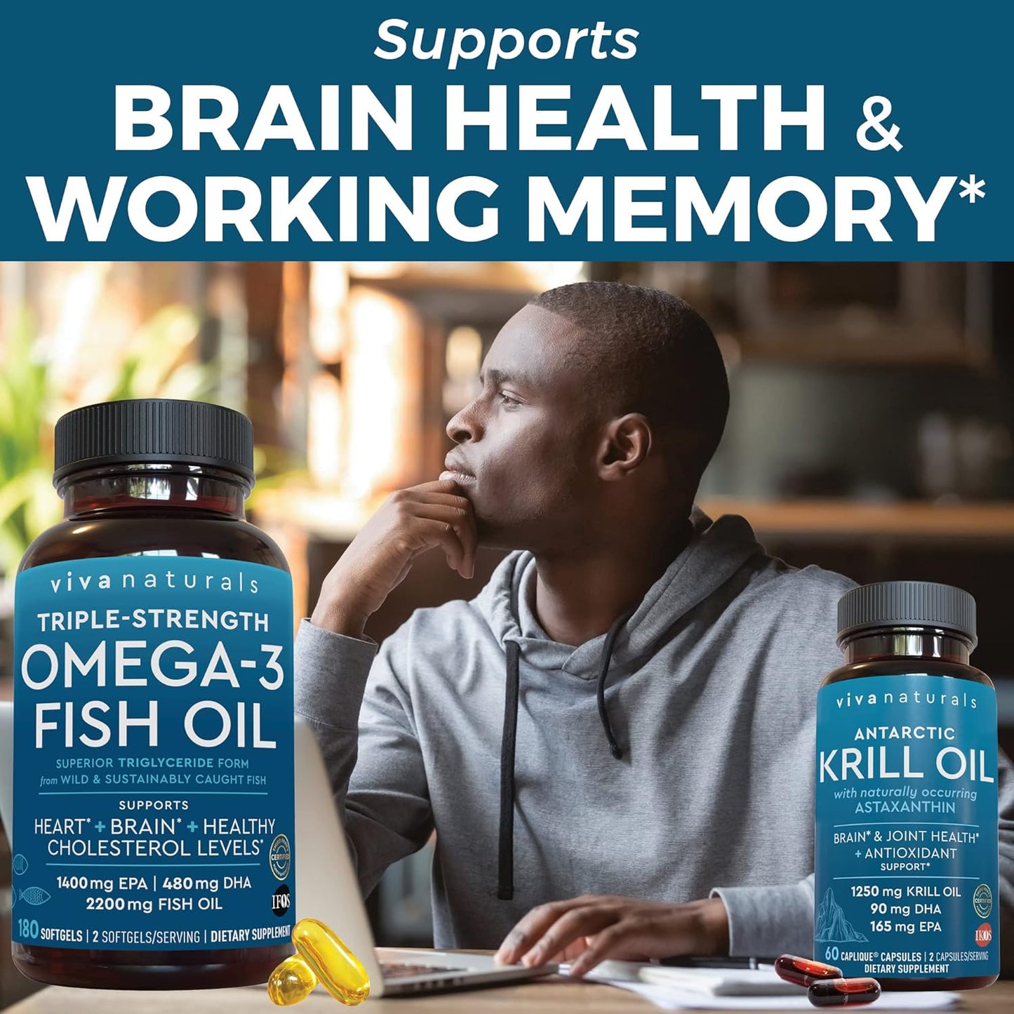 Bundle: Viva Naturals Antarctic Krill Oil & Triple-Strength Omega 3 Fish Oil - 1250 mg Krill Oil & 2200 mg Fish Oil Per Serving - EPA and DHA Omega 3