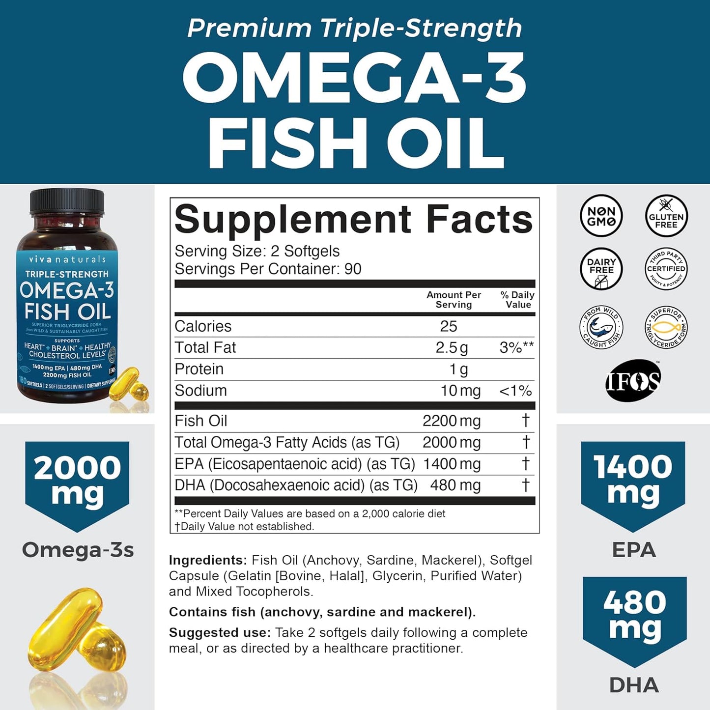 Bundle: Viva Naturals Antarctic Krill Oil & Triple-Strength Omega 3 Fish Oil - 1250 mg Krill Oil & 2200 mg Fish Oil Per Serving - EPA and DHA Omega 3