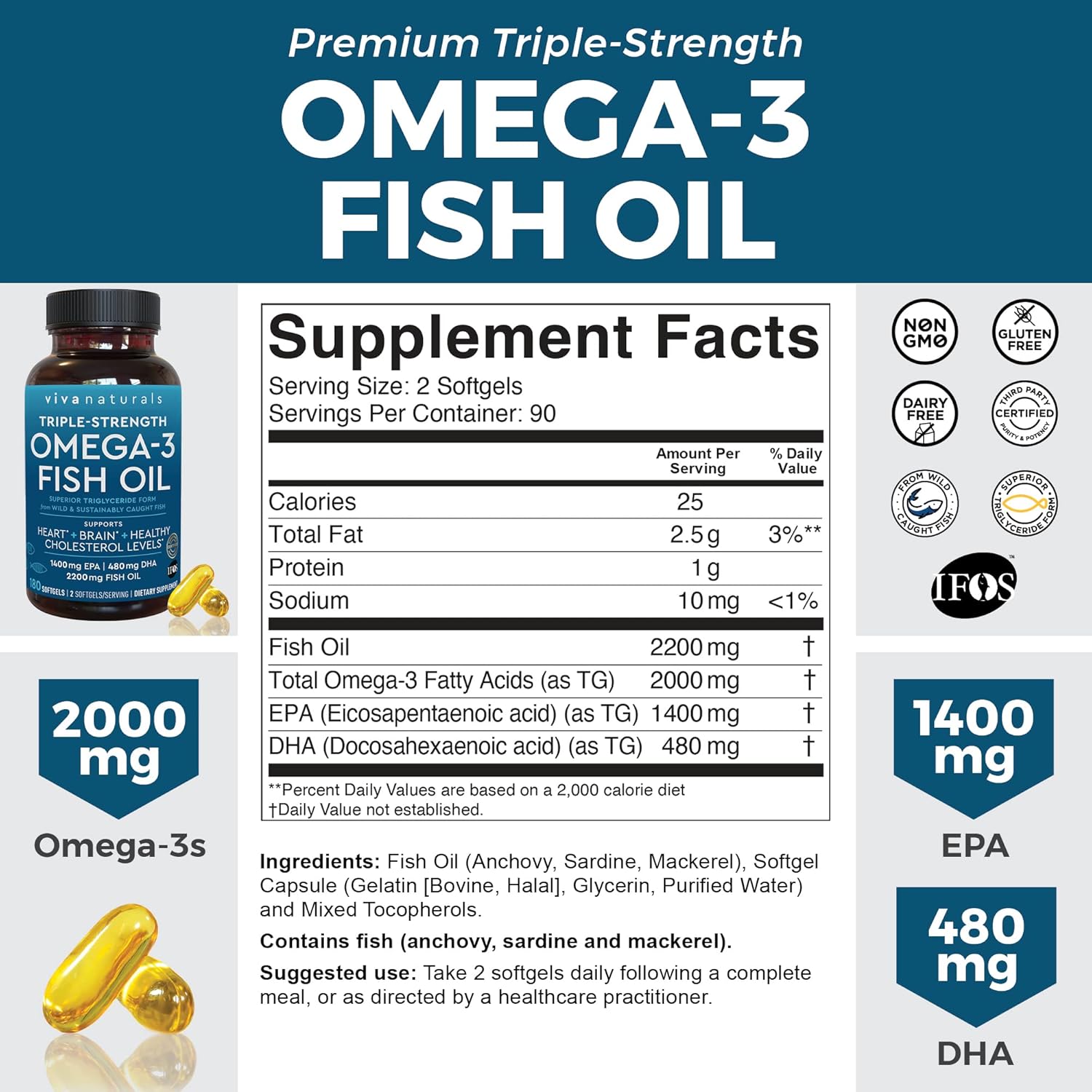Bundle: Viva Naturals Antarctic Krill Oil & Triple-Strength Omega 3 Fish Oil - 1250 mg Krill Oil & 2200 mg Fish Oil Per Serving - EPA and DHA Omega 3