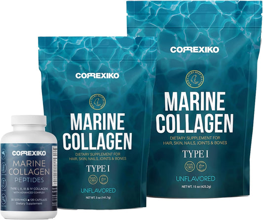 Bundle with CORREXIKO Marine Collagen Powder & Capsules - 10,000mg Hydrolyzed Collagen Powder & 1800mg Peptides - Hair, Skin & Nails Support