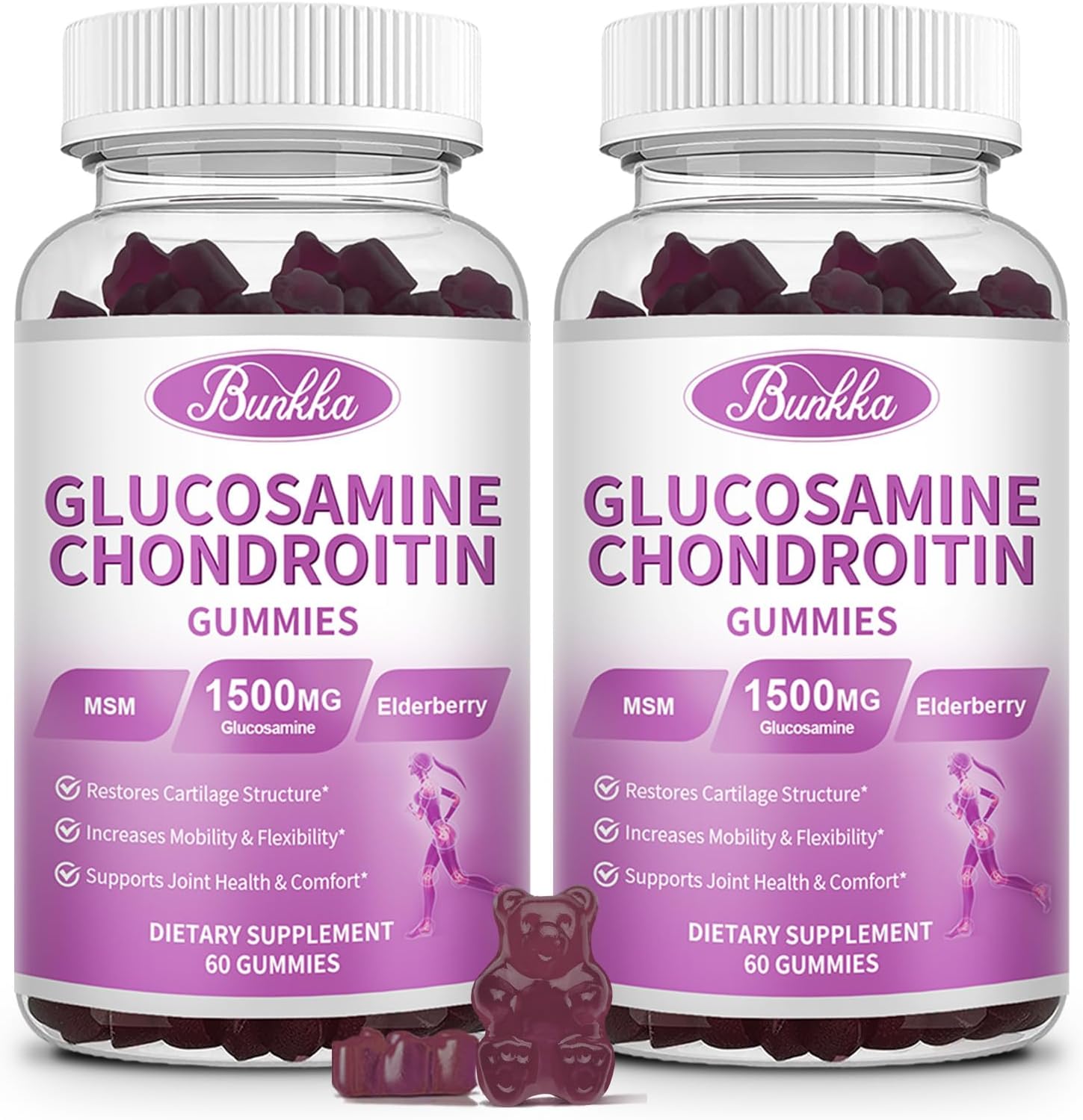 Bunkka 2 Pack Joint Support Gummies with MSM, Elderberry, and Hyaluronic Acid - Chewable Antioxidant Supplement for Men, Women, and Adults - Extra Strength Glucosamine Chondroitin for Comfort & Mobility