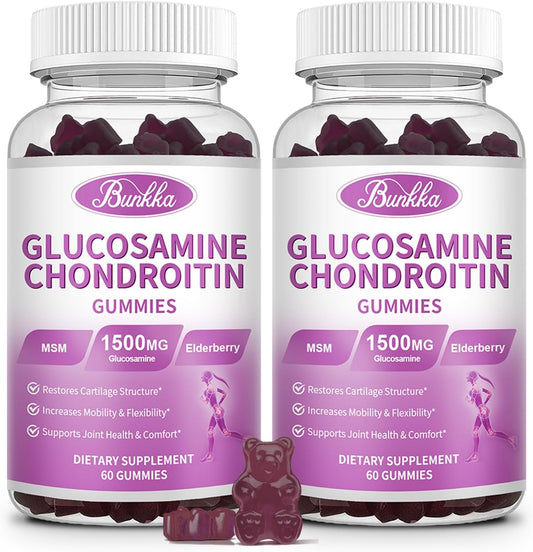 Bunkka 2 Pack Joint Support Gummies with MSM, Elderberry, and Hyaluronic Acid - Chewable Antioxidant Supplement for Men, Women, and Adults - Extra Strength Glucosamine Chondroitin for Comfort & Mobility