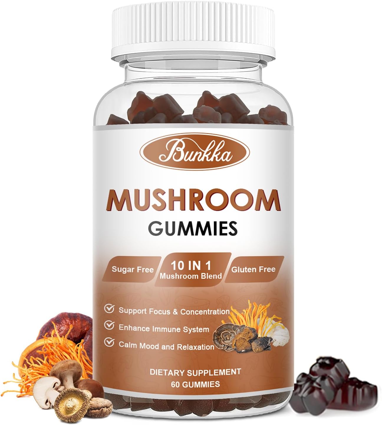 Bunkka Balance Mushroom Gummies - Immune Support & Energy Supplement for Men & Women - 10 Mushroom Blend with Lions Mane, Reishi, Cordyceps, Chaga - 60 Gummies, 1200mg