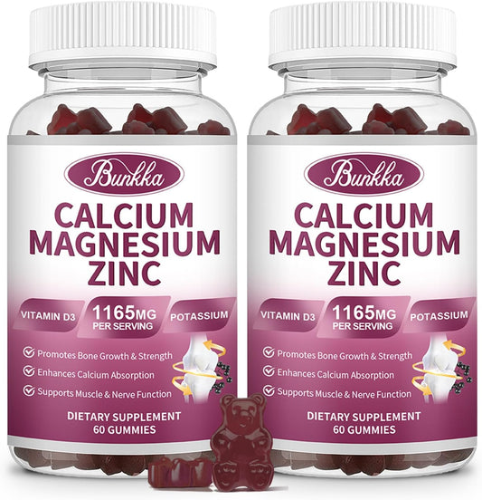 Bunkka Calcium Magnesium Zinc Gummies with 200mg Magnesium Glycinate, Potassium, D3, Sea Moss - Mood & Sleep Support for Kids & Adults (2 Pack)