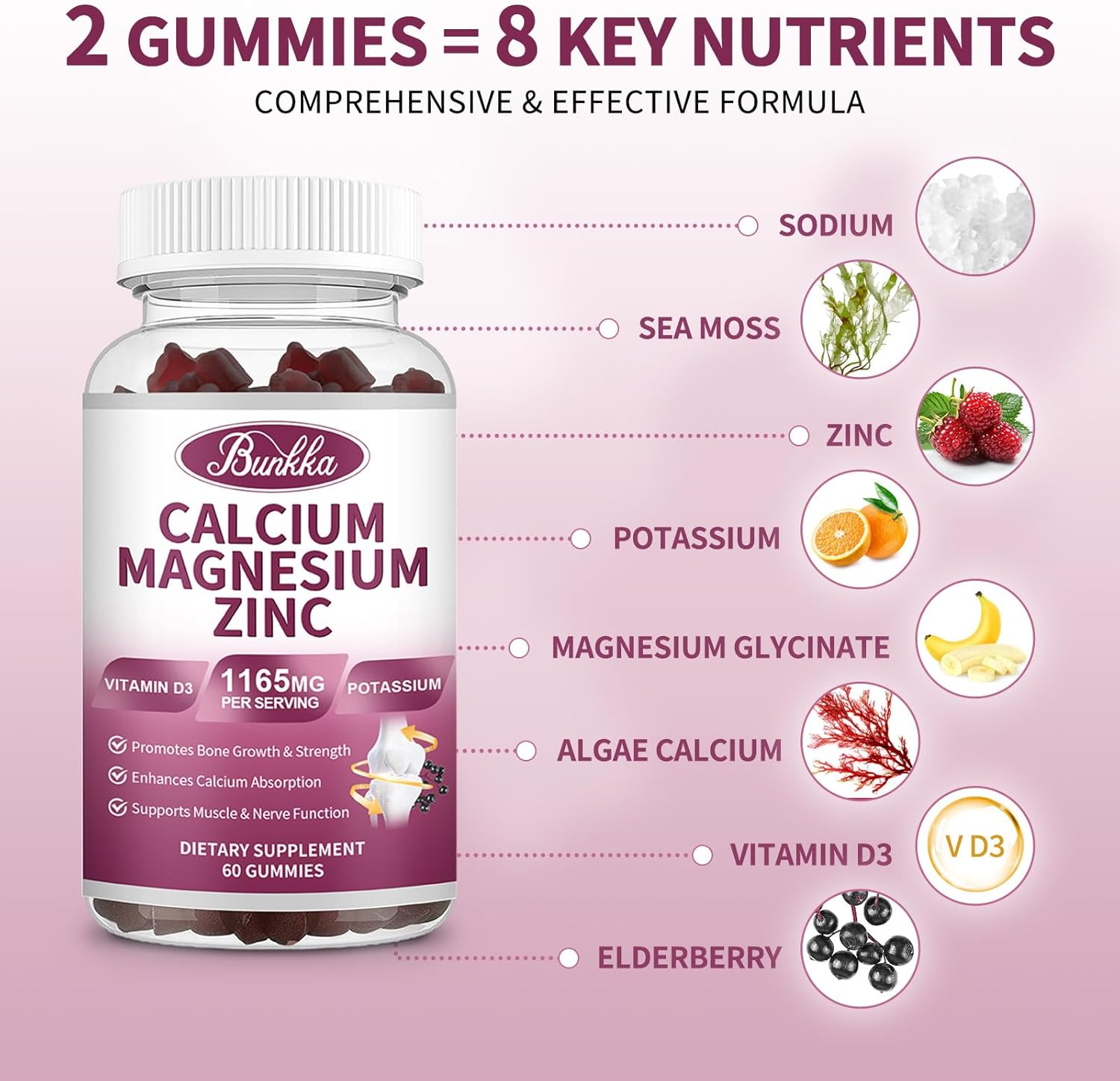 Bunkka Calcium Magnesium Zinc Gummies with 200mg Magnesium Glycinate, Potassium, D3, Sea Moss - Mood & Sleep Support for Kids & Adults (2 Pack)