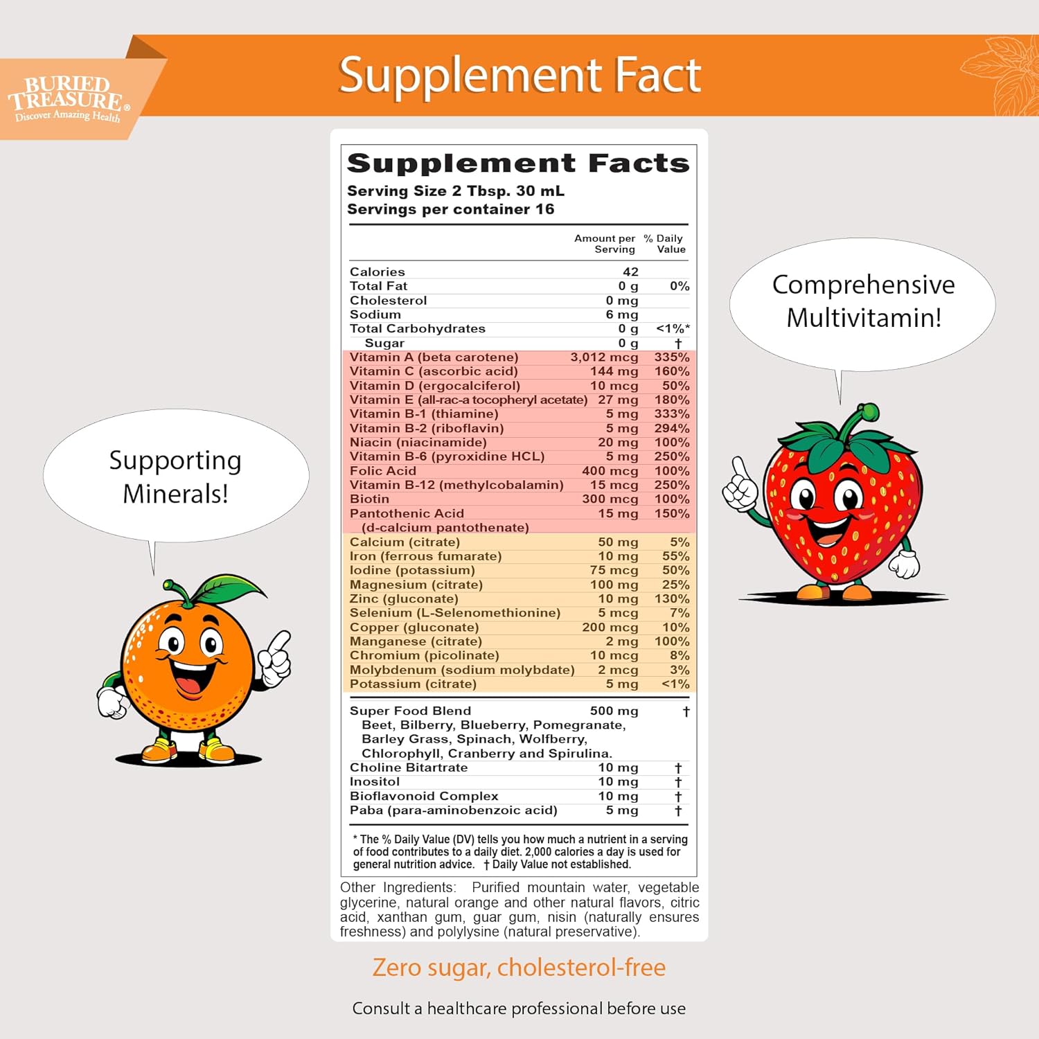 Buried Treasure Children’s Liquid Multivitamin - Orange Mango Flavor, 16 oz, 16 Servings, Essential Nutrients for Kids