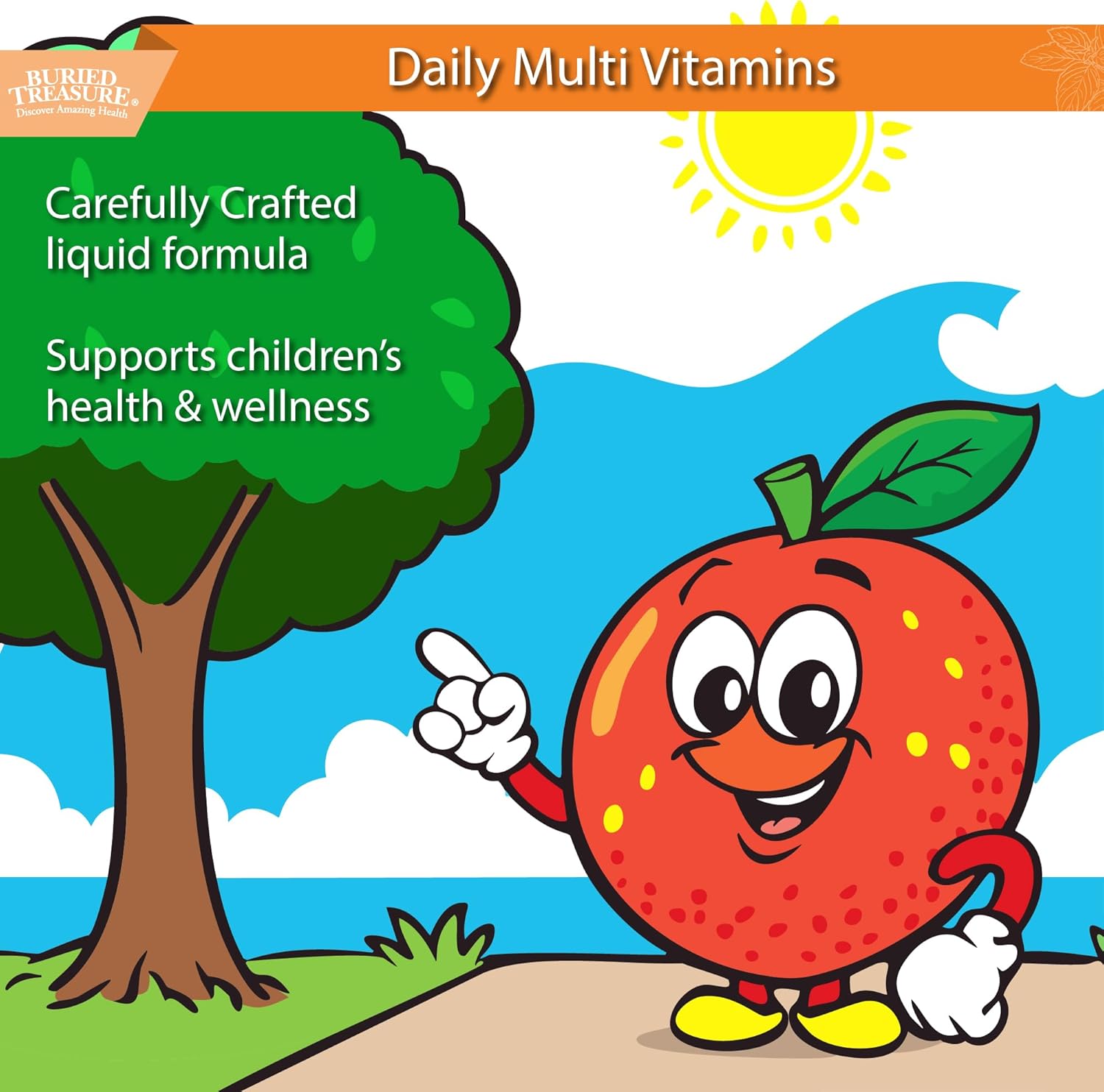 Buried Treasure Children’s Liquid Multivitamin - Orange Mango Flavor, 16 oz, 16 Servings, Essential Nutrients for Kids