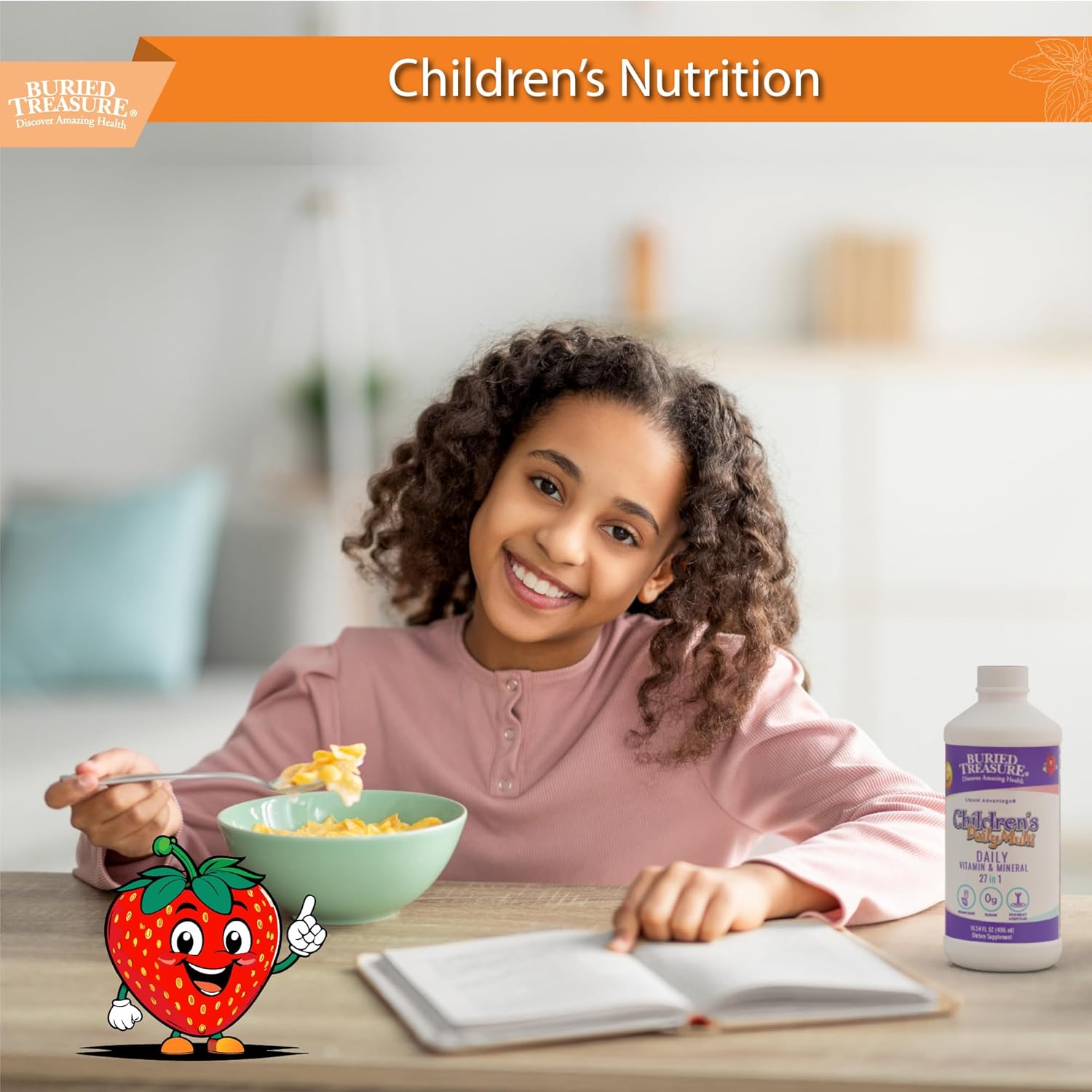 Buried Treasure Children’s Liquid Multivitamin - Orange Mango Flavor, 16 oz, 16 Servings, Essential Nutrients for Kids