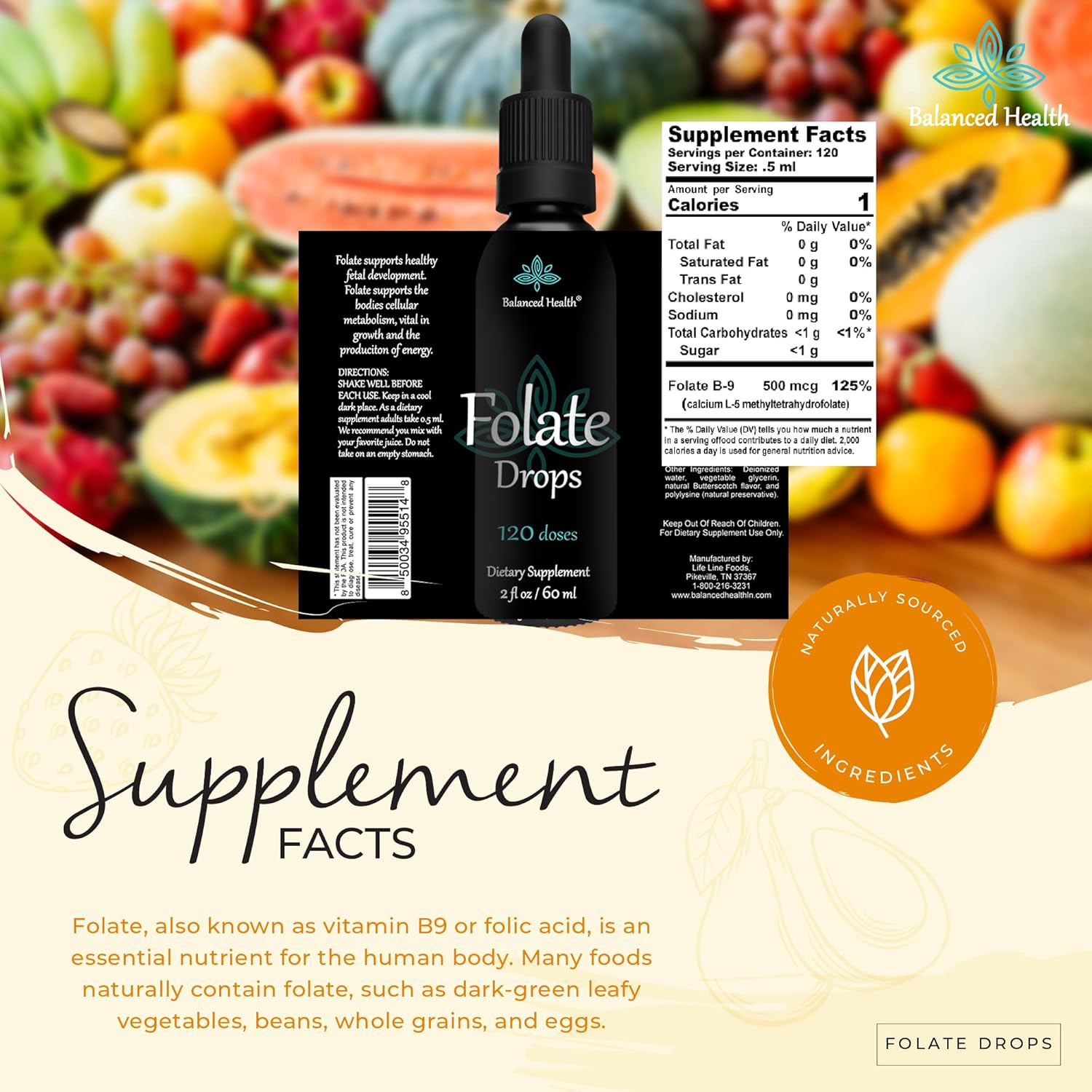 Butterscotch Flavored L-5-MTHF Folic Acid Supplement - 2oz, 120 Servings, 500mcg - Balanced Health Folate Drops
